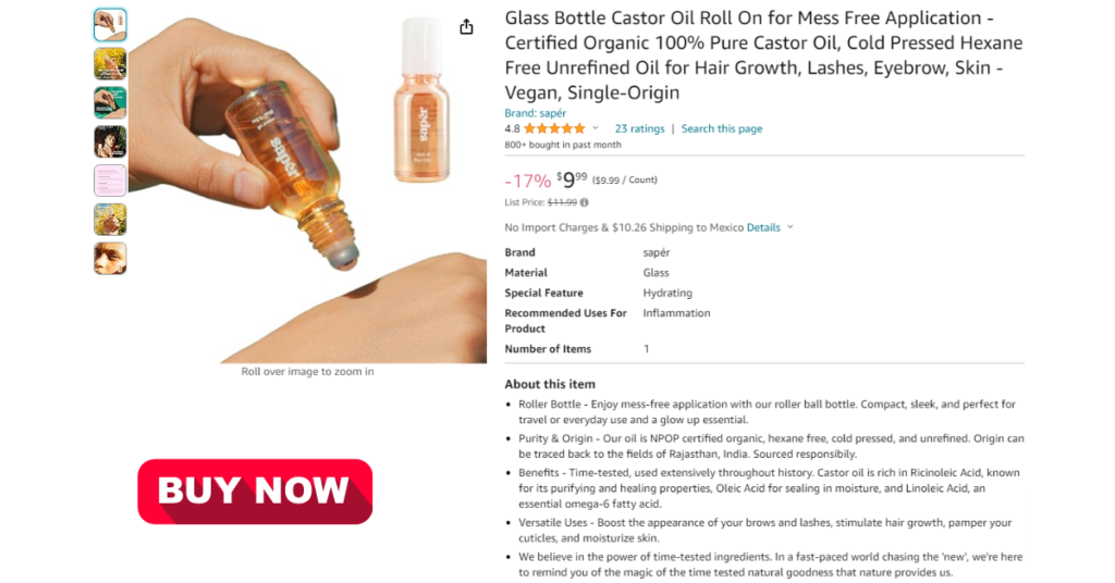 Glass bottle of Castor Oil Roll-On for Mess-Free Application, showcasing a convenient roll-on design for precise and effortless use.