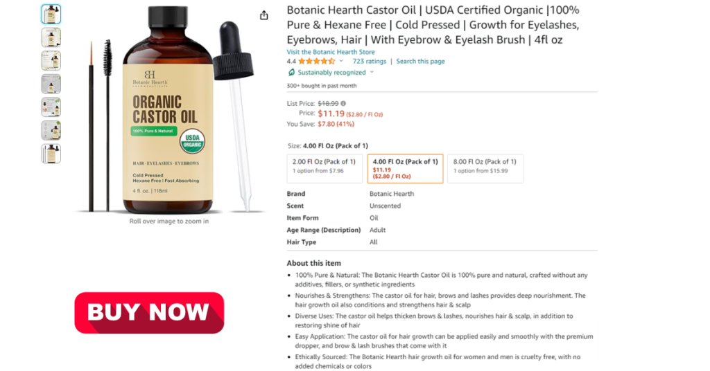 Alt attribute: Glass bottle of Botanic Hearth Castor Oil, displaying the USDA Certified Organic label, emphasizing the premium quality and organic nature of the product.